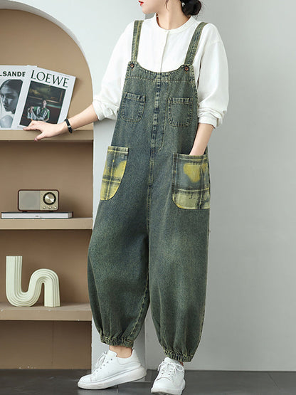 Women Summer Casual Plaid Spliced Denim Jumpsuits
