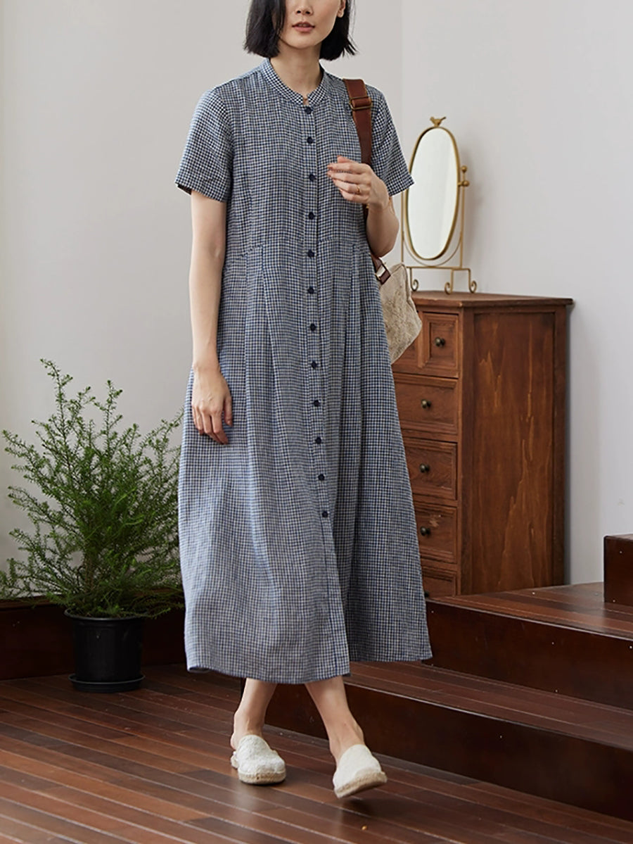 Plus Size Women Summer Plaid Stand Collar 100%Linen Loose Dress