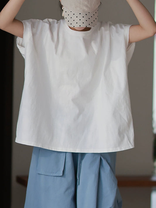 Plus Size Women Spring Casual Pure Color O-Neck 100%Cotton Shirt