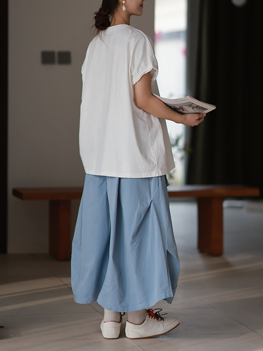 Plus Size Women Spring Casual Pure Color O-Neck 100%Cotton Shirt