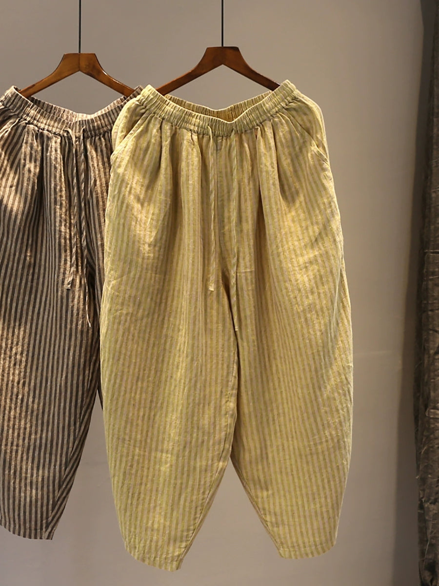 Plus Size Women Summer Stripe Straight 100%Linen Pants