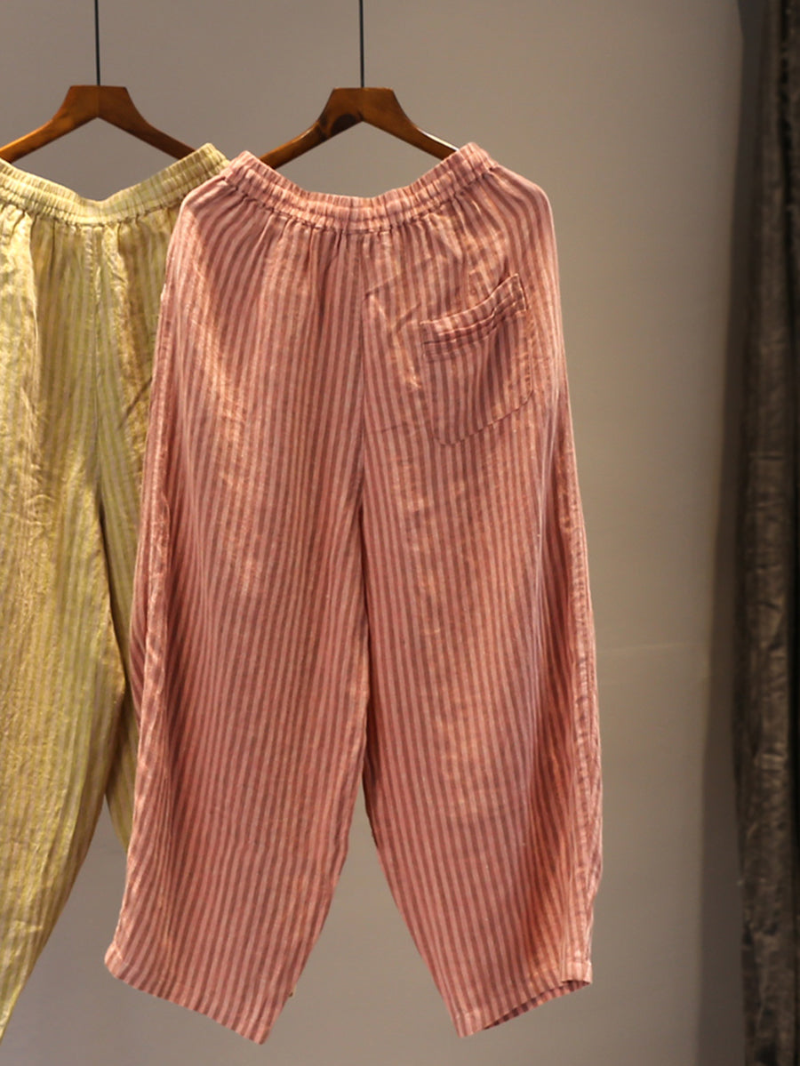 Plus Size Women Summer Stripe Straight 100%Linen Pants