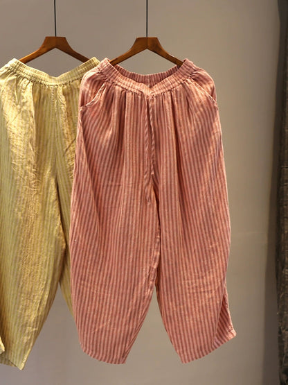 Plus Size Women Summer Stripe Straight 100%Linen Pants