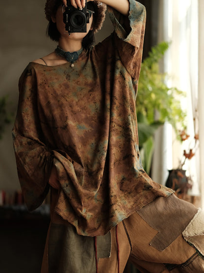 Women Summer Retro Flower O-Neck Cotton Shirt