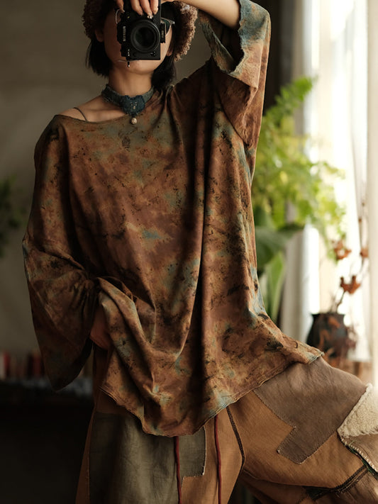 Women Summer Retro Flower O-Neck Cotton Shirt