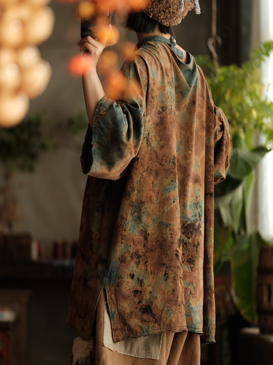 Women Summer Retro Flower O-Neck Cotton Shirt