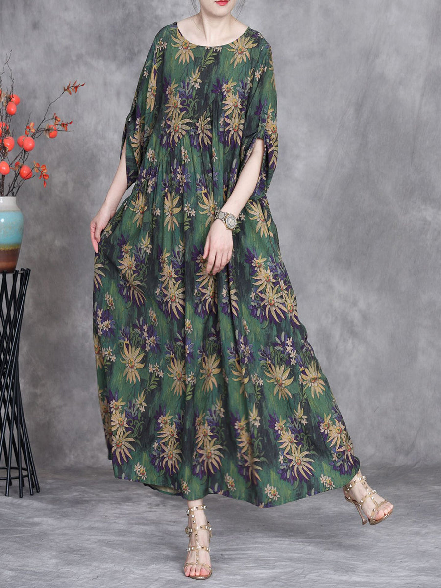 Women Summer Artsy Flower O-Neck Maxi Dress