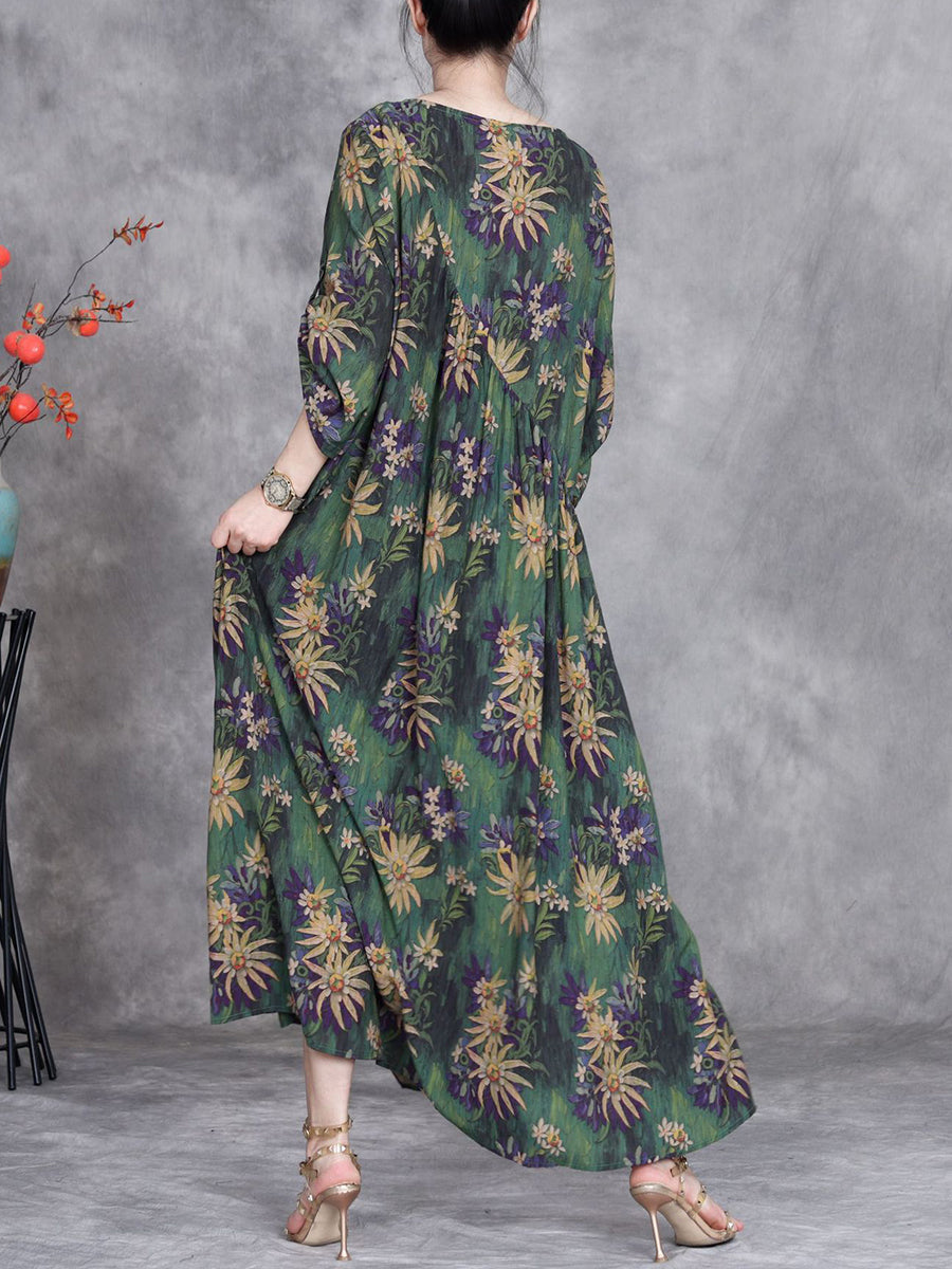 Women Summer Artsy Flower O-Neck Maxi Dress