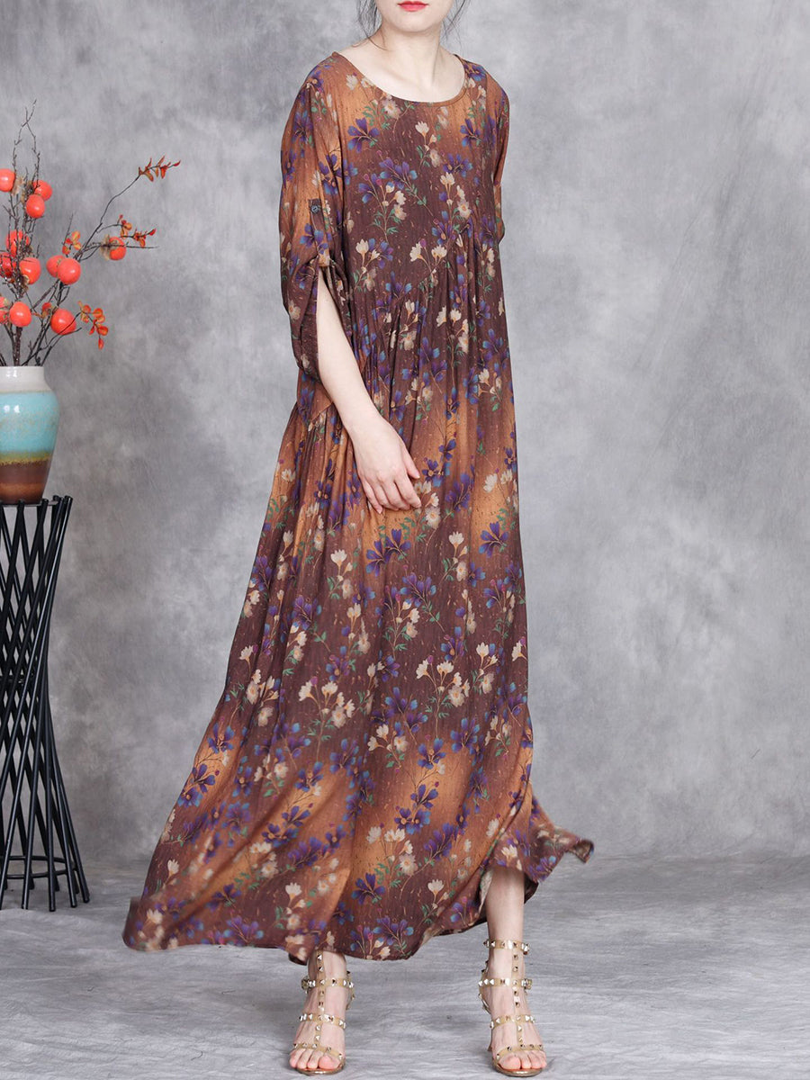 Women Summer Artsy Flower O-Neck Maxi Dress