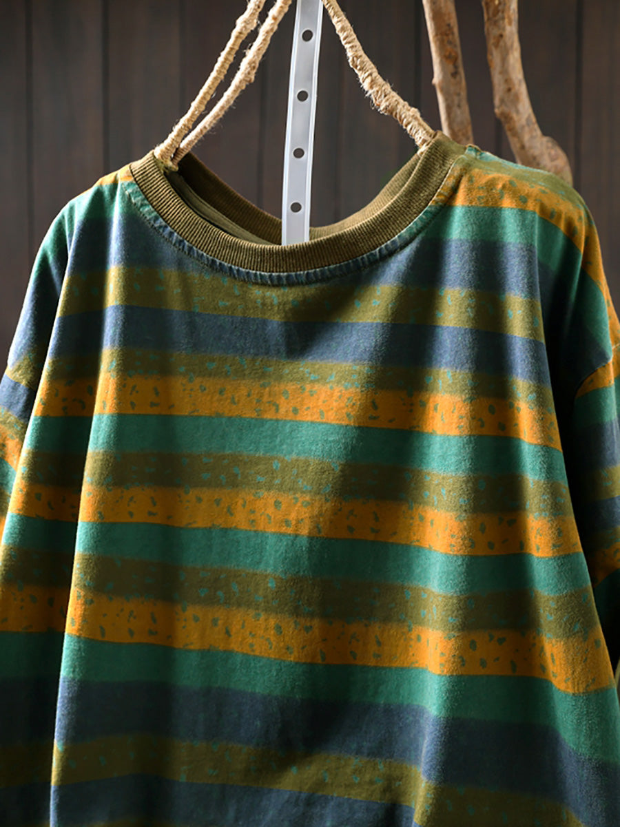 Plus Size Women Summer Retro Colorblock Stripe O-Neck Cotton Shirt