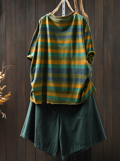 Plus Size Women Summer Retro Colorblock Stripe O-Neck Cotton Shirt