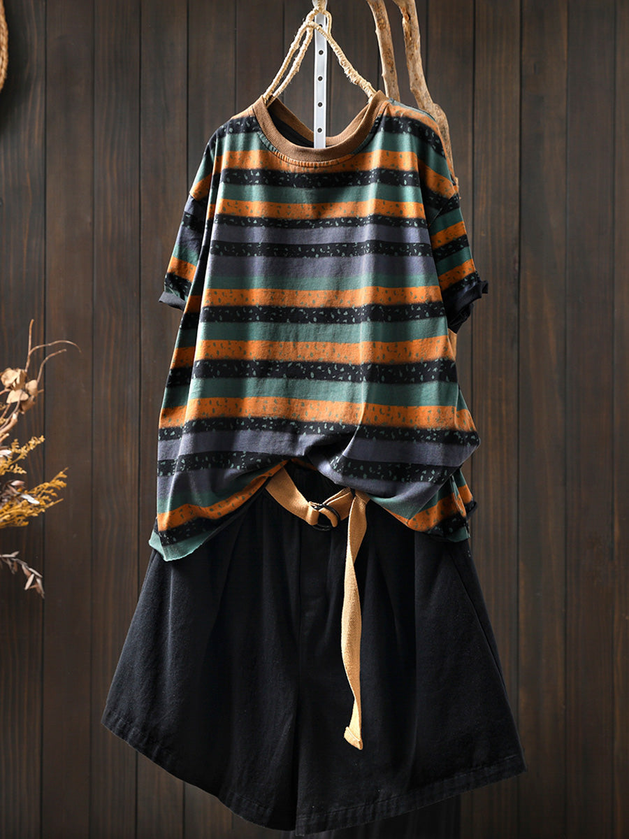 Plus Size Women Summer Retro Colorblock Stripe O-Neck Cotton Shirt