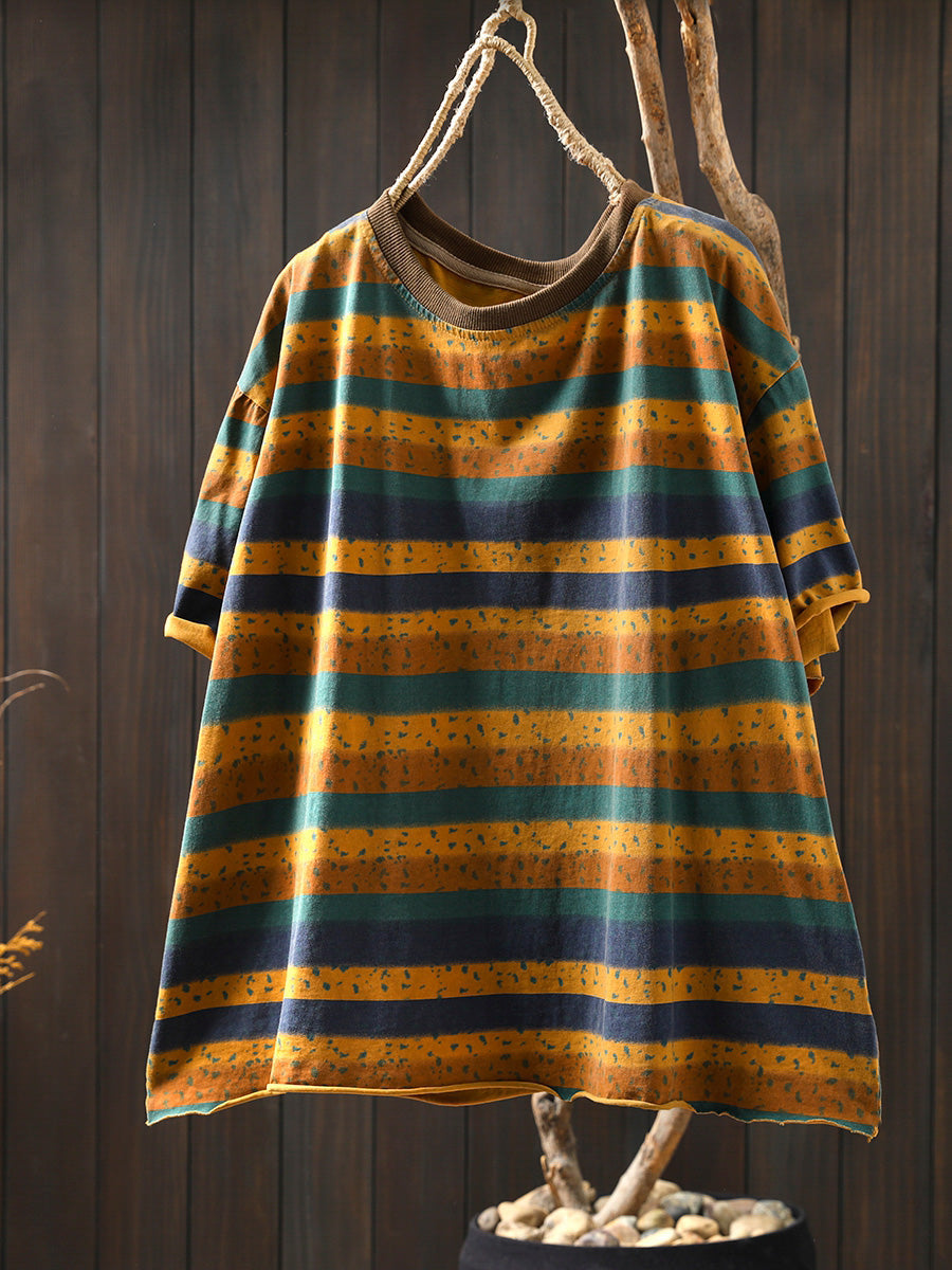 Plus Size Women Summer Retro Colorblock Stripe O-Neck Cotton Shirt