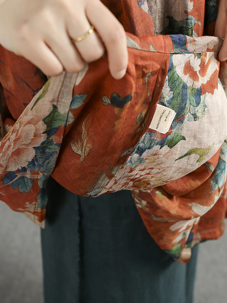 Plus Size Women Summer O-Neck Flower 100%Ramie Long Shirt