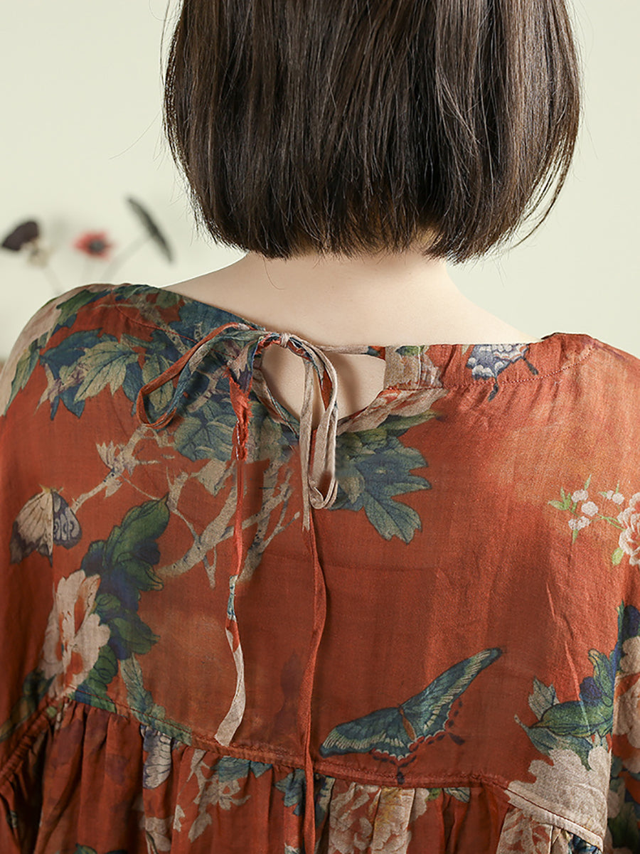 Plus Size Women Summer O-Neck Flower 100%Ramie Long Shirt