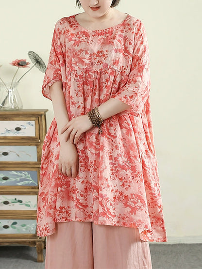 Plus Size Women Summer O-Neck Flower 100%Ramie Long Shirt