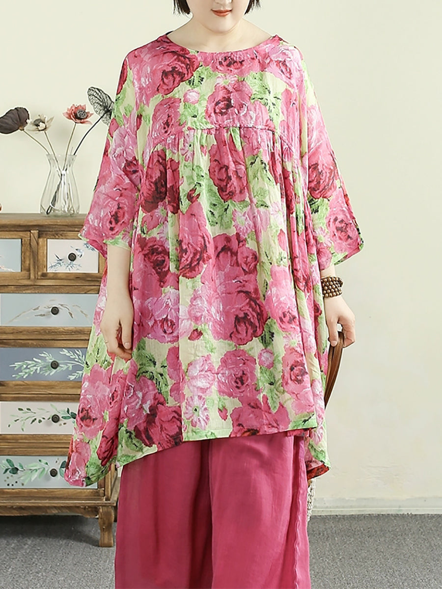 Plus Size Women Summer O-Neck Flower 100%Ramie Long Shirt