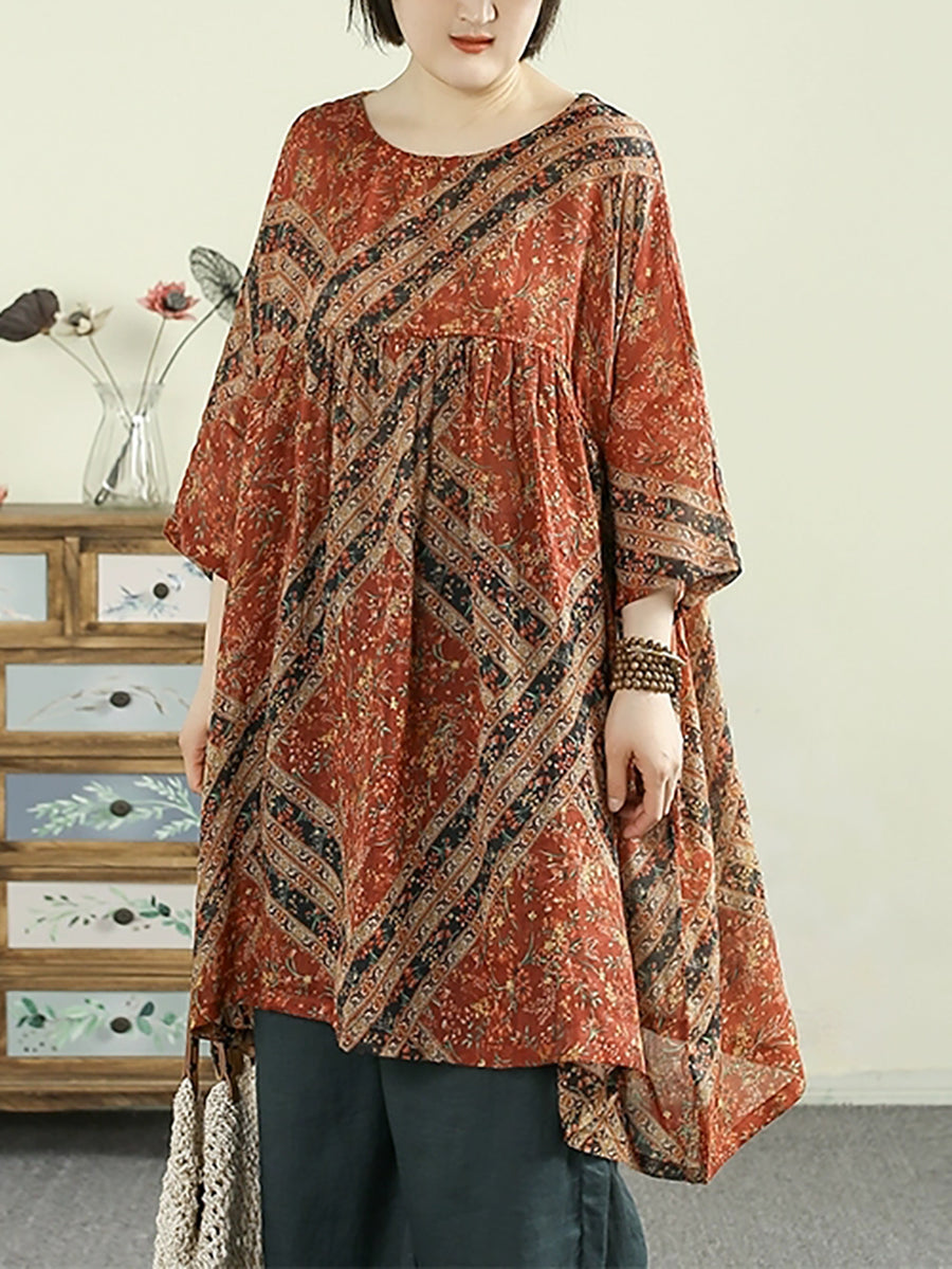 Plus Size Women Summer O-Neck Flower 100%Ramie Long Shirt