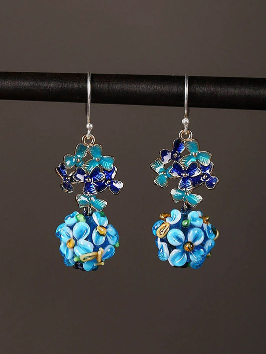 Ethnic Blue Cloisonne Ball-flower Silver Earrings