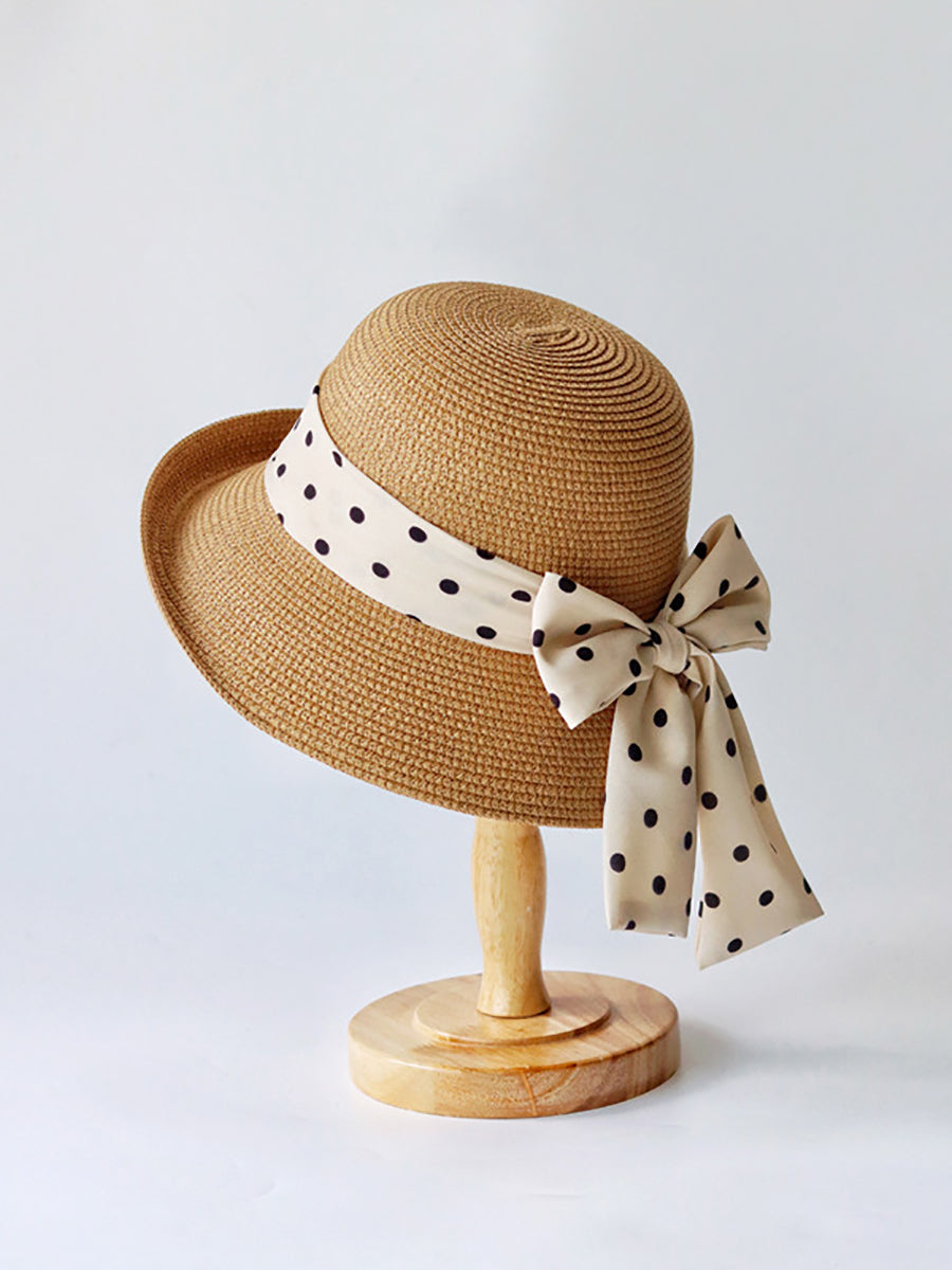 Women Summer Straw Knit Dot Bowknot Sunproof Hat