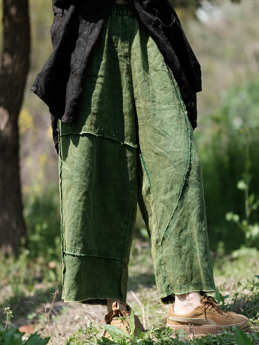Women Summer Pure Color Raw-edge Linen Wide-leg Pants