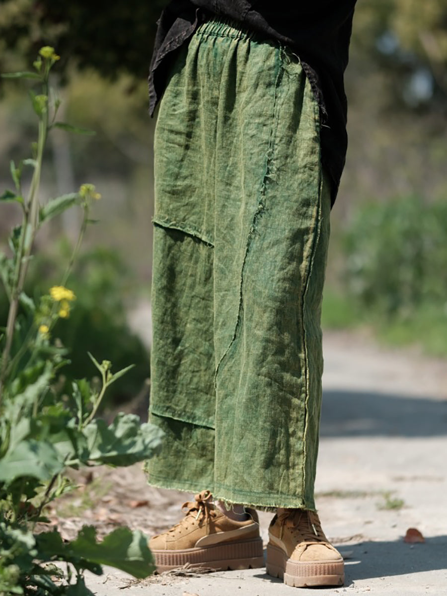 Women Summer Pure Color Raw-edge Linen Wide-leg Pants