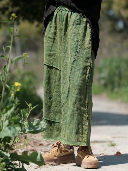 Women Summer Pure Color Raw-edge Linen Wide-leg Pants