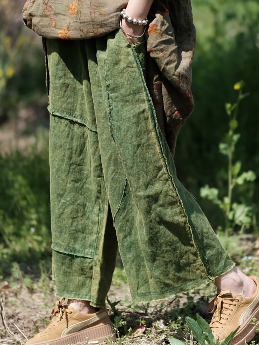 Women Summer Pure Color Raw-edge Linen Wide-leg Pants