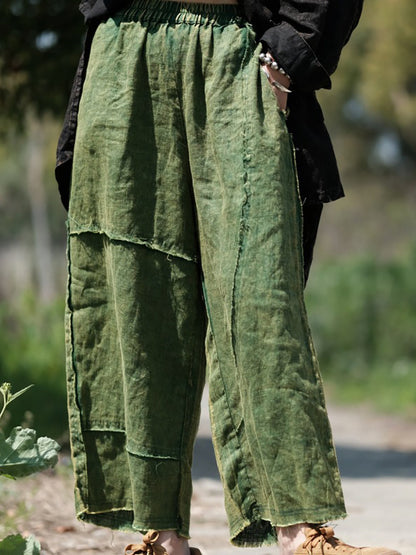 Women Summer Pure Color Raw-edge Linen Wide-leg Pants