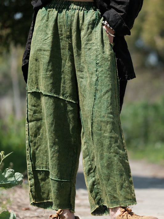 Women Summer Pure Color Raw-edge Linen Wide-leg Pants