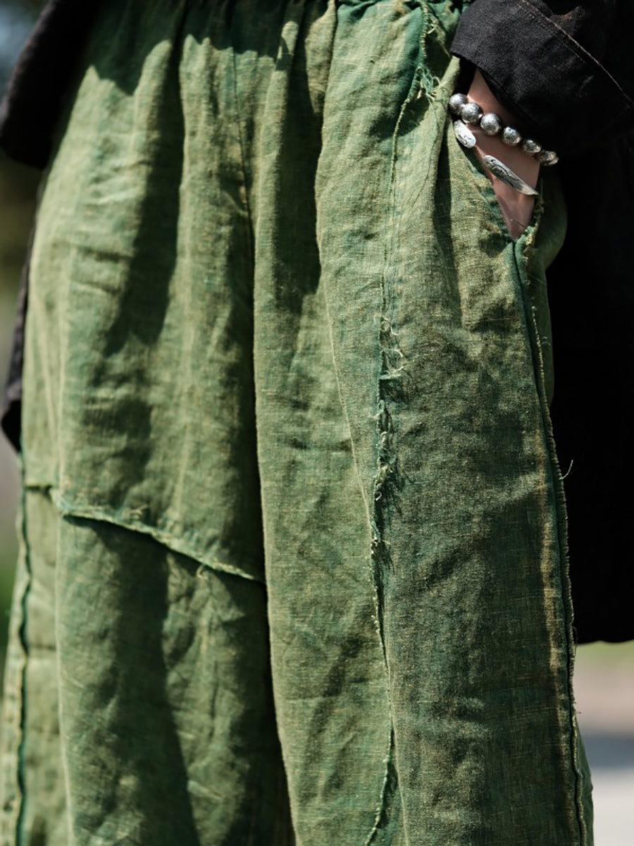 Women Summer Pure Color Raw-edge Linen Wide-leg Pants