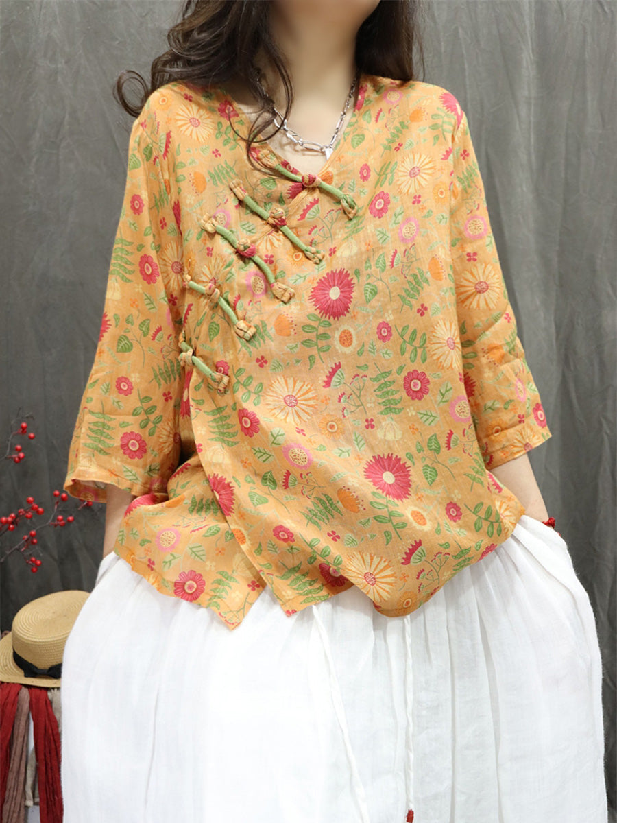 Women Summer Artsy V-Neck Flower 100%Ramie Shirt