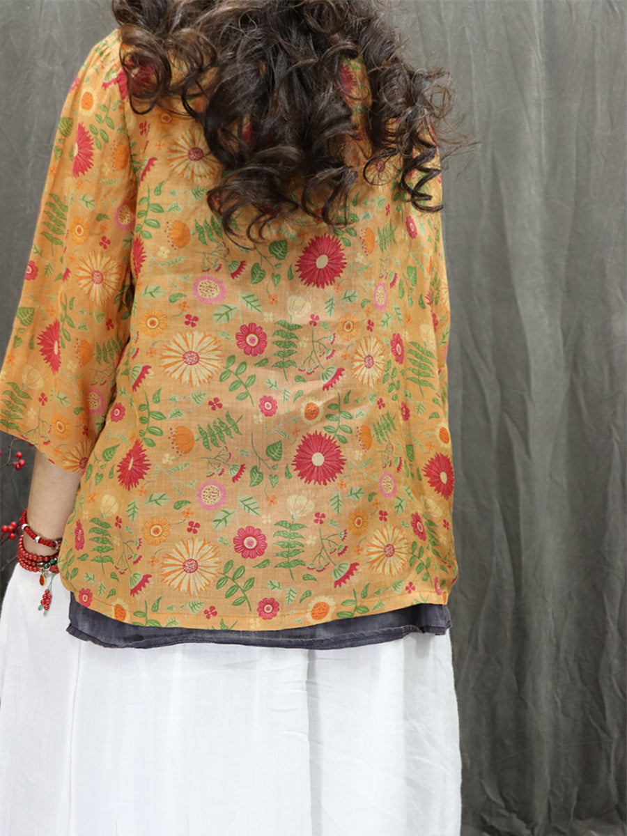 Women Summer Artsy V-Neck Flower 100%Ramie Shirt