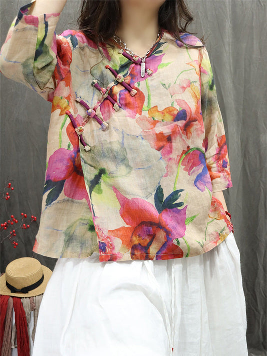 Women Summer Artsy V-Neck Flower 100%Ramie Shirt