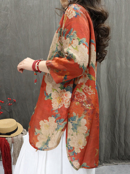 Plus Size Women Summer Stand Collar Flower 100%Ramie Cardigan Shirt