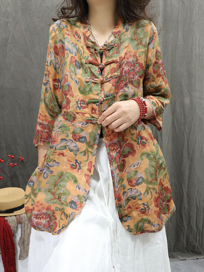 Plus Size Women Summer Stand Collar Flower 100%Ramie Cardigan Shirt