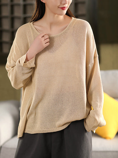 Women Spring O-Neck Thin Knit Linen Shirt