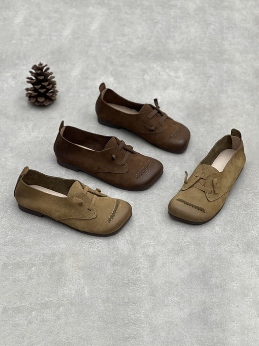 Women Retro Soft Leather Spliced Low Heel Shoes