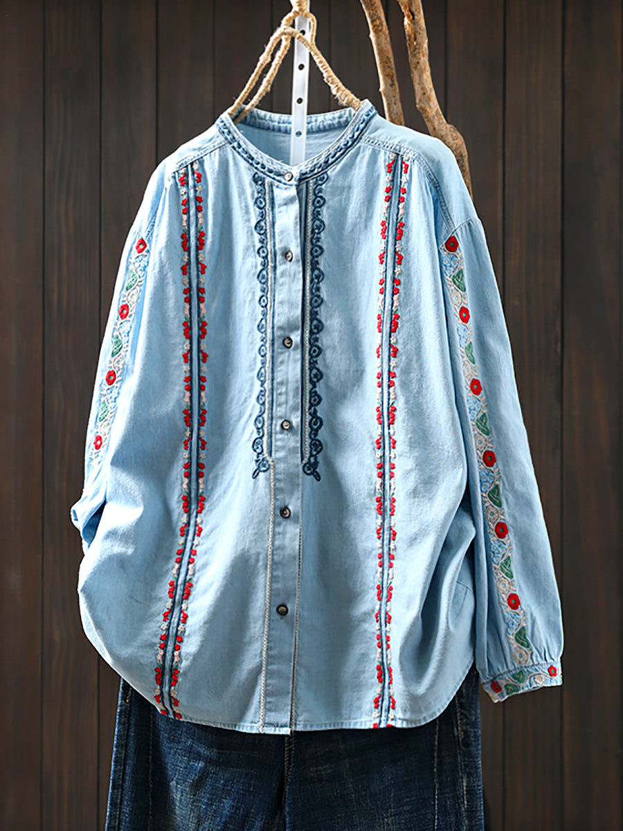 Women Summer Ethnic Floral Embroidery 100%Cotton Shirt