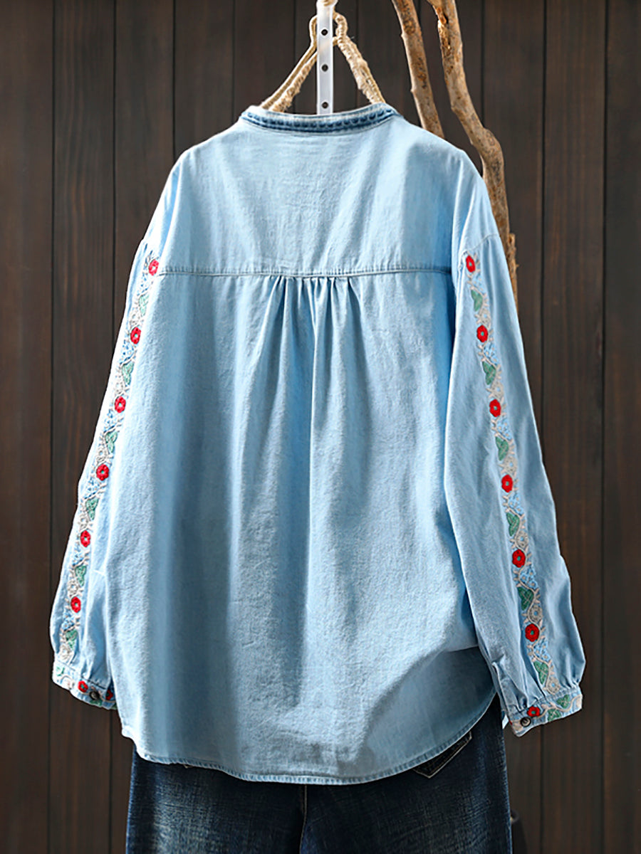 Women Summer Ethnic Floral Embroidery 100%Cotton Shirt