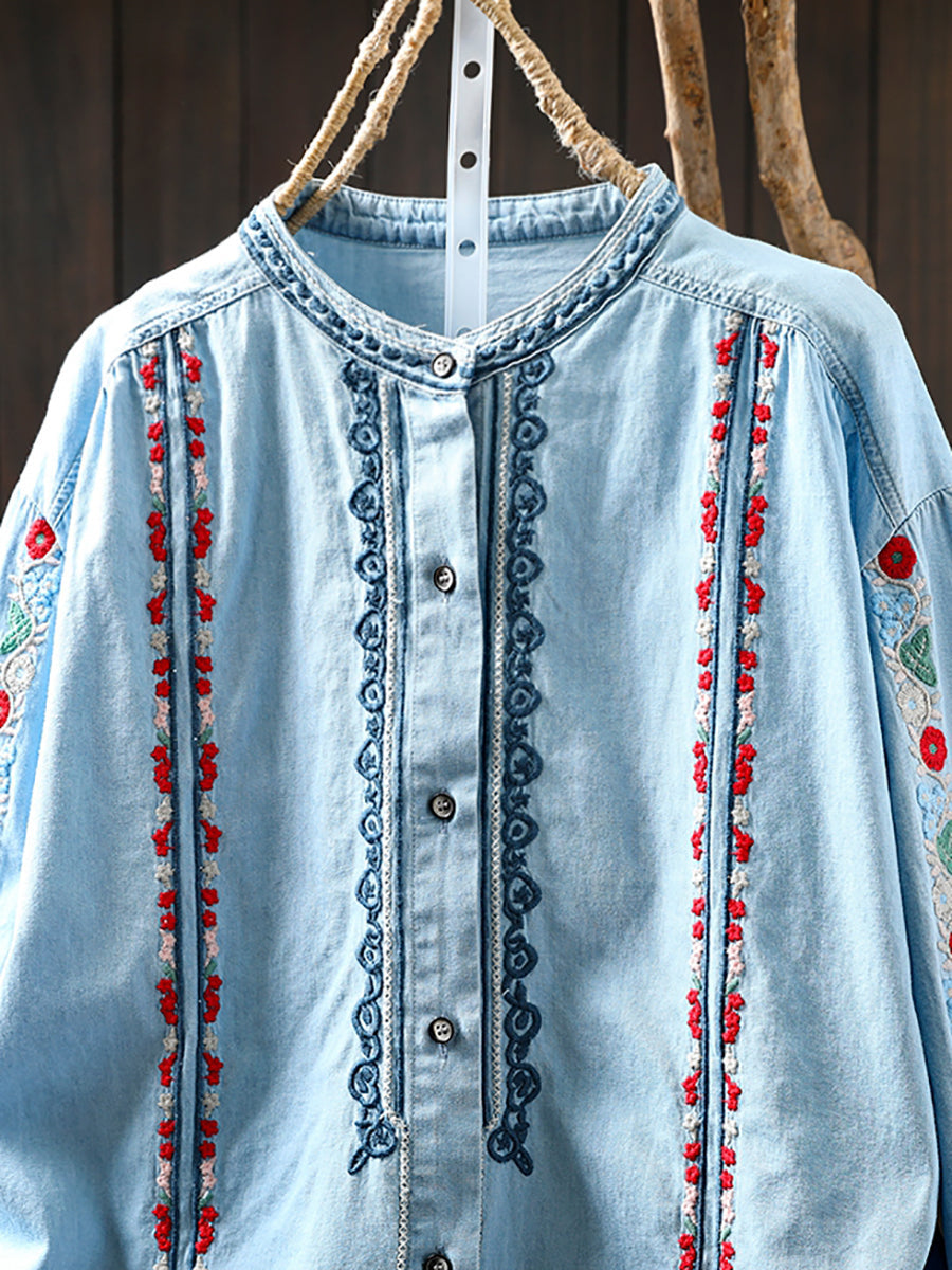 Women Summer Ethnic Floral Embroidery 100%Cotton Shirt