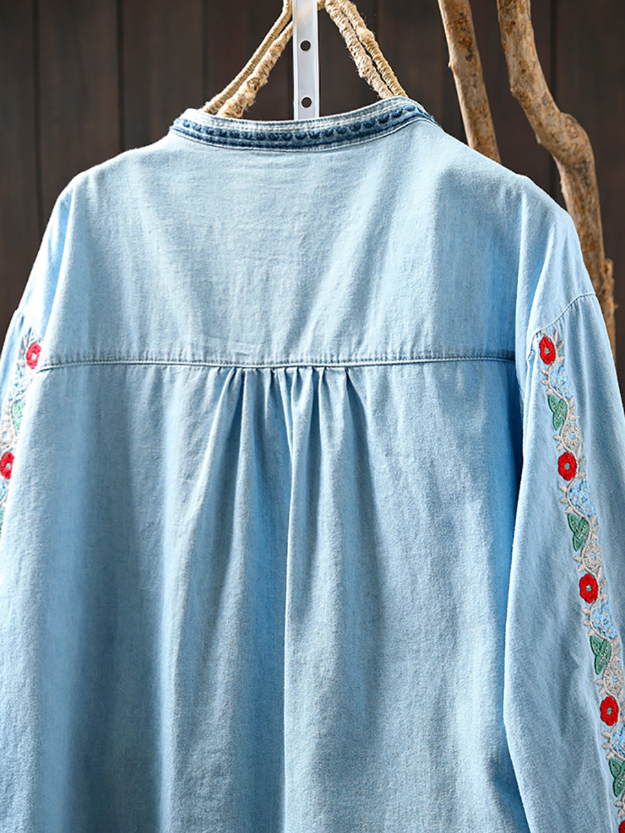 Women Summer Ethnic Floral Embroidery 100%Cotton Shirt