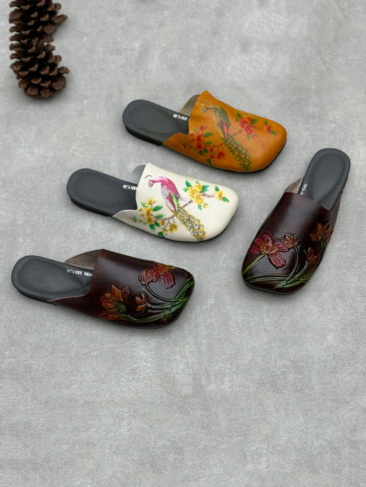 Women Vintage Flower Print Soft Leather Slippers