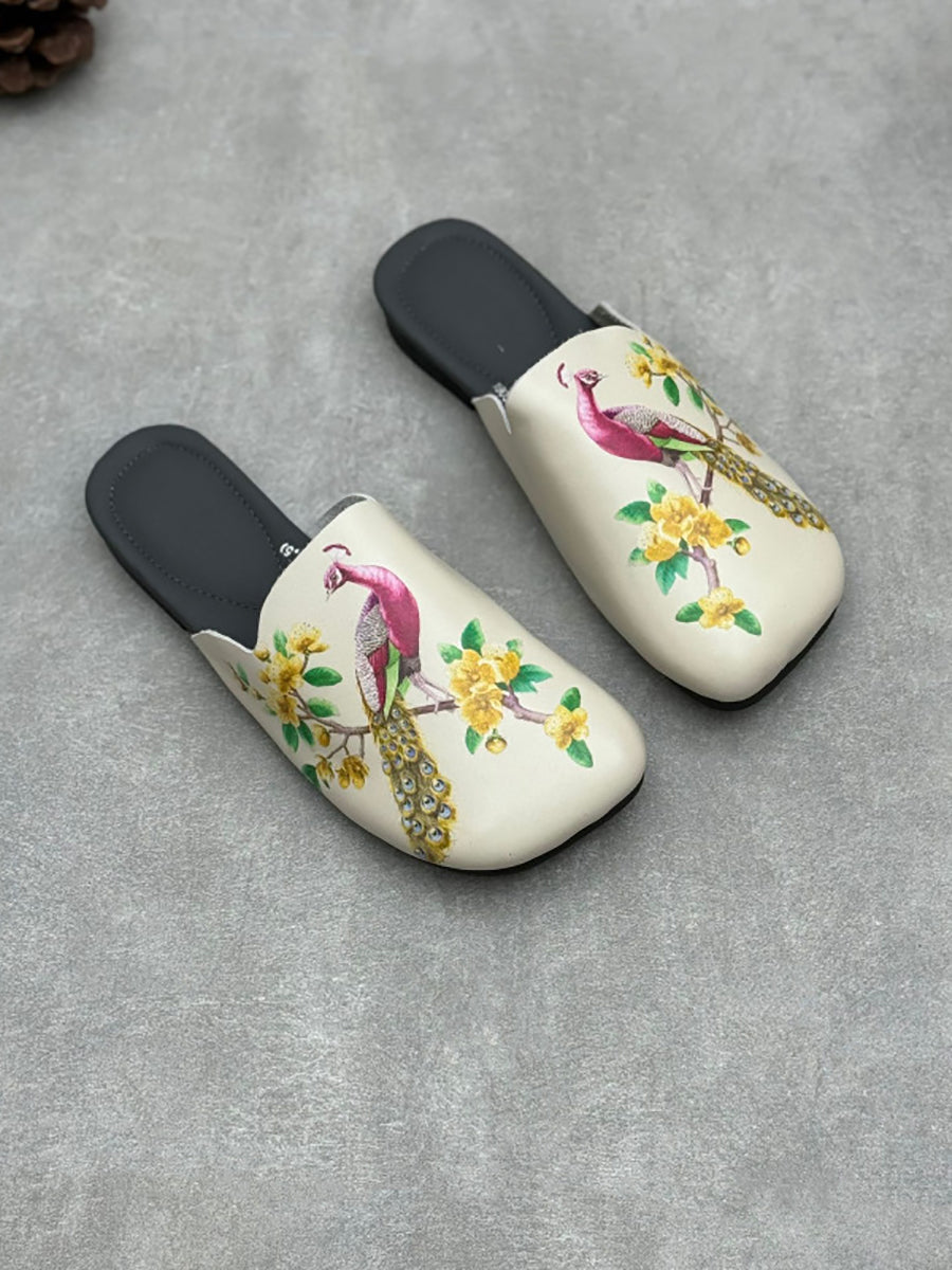 Women Vintage Flower Print Soft Leather Slippers