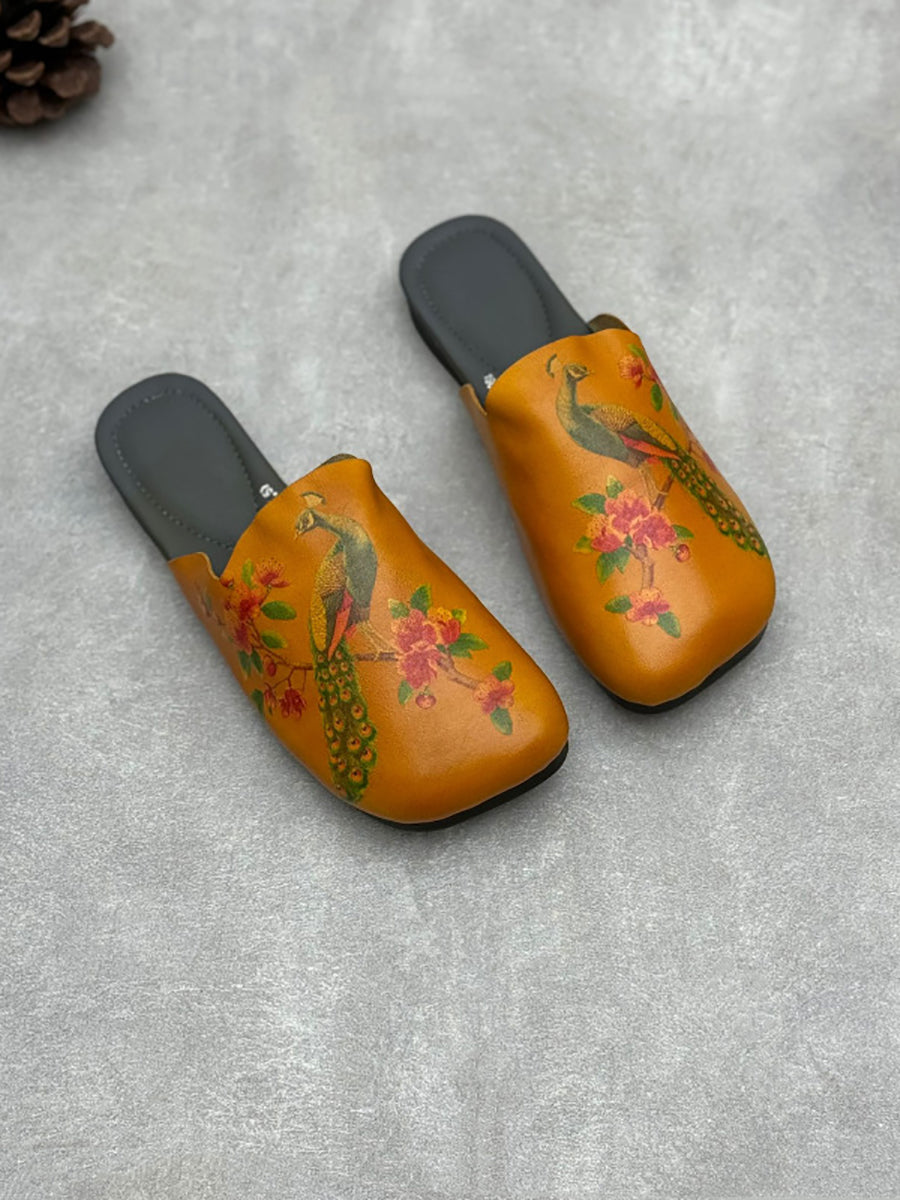 Women Vintage Flower Print Soft Leather Slippers