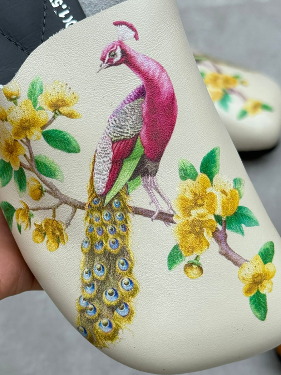 Women Vintage Flower Print Soft Leather Slippers