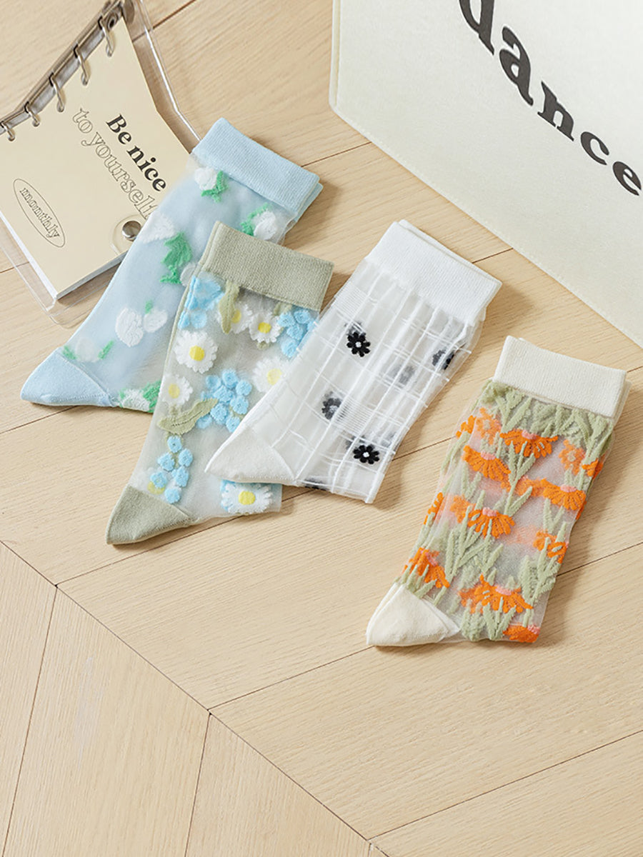 4 Pairs Women Summer Flower Jacquard Socks