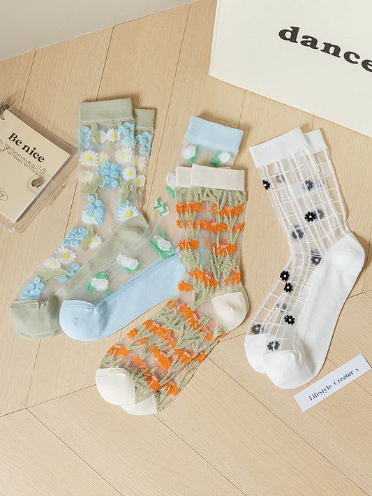 4 Pairs Women Summer Flower Jacquard Socks
