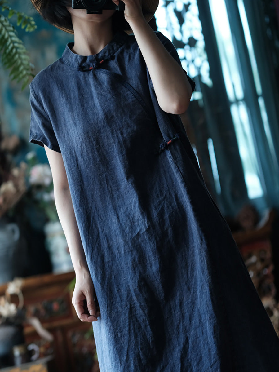 Women Summer Ethnic Pure Color Linen Cheongsam Dress