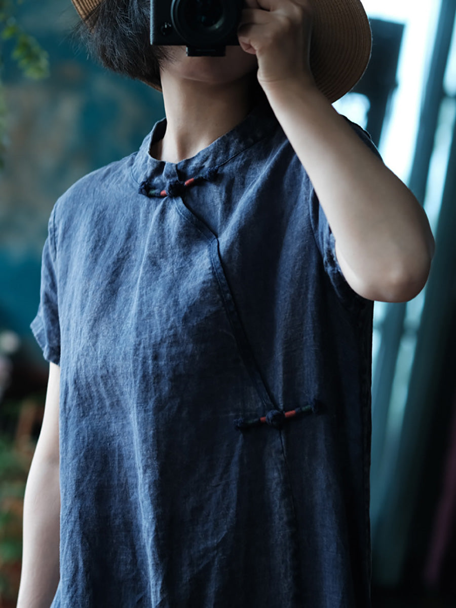 Women Summer Ethnic Pure Color Linen Cheongsam Dress